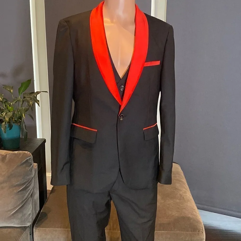 Men’s 3 Piece Slim Fit Tuxedo Black with Red Detail Shawl Lapel Size XS NWT